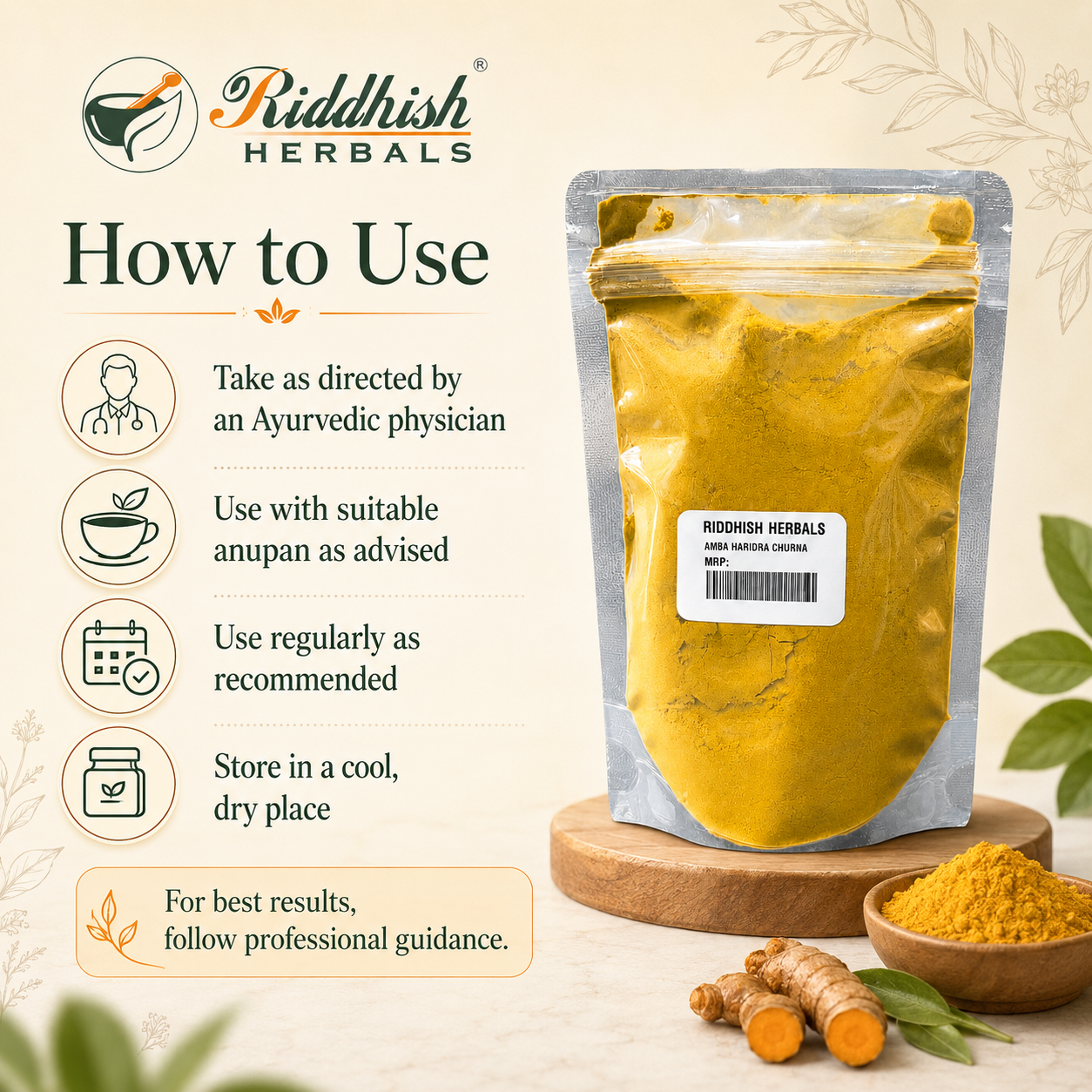 Riddhish Herbals Amba Haridra Churna how to use infographic
