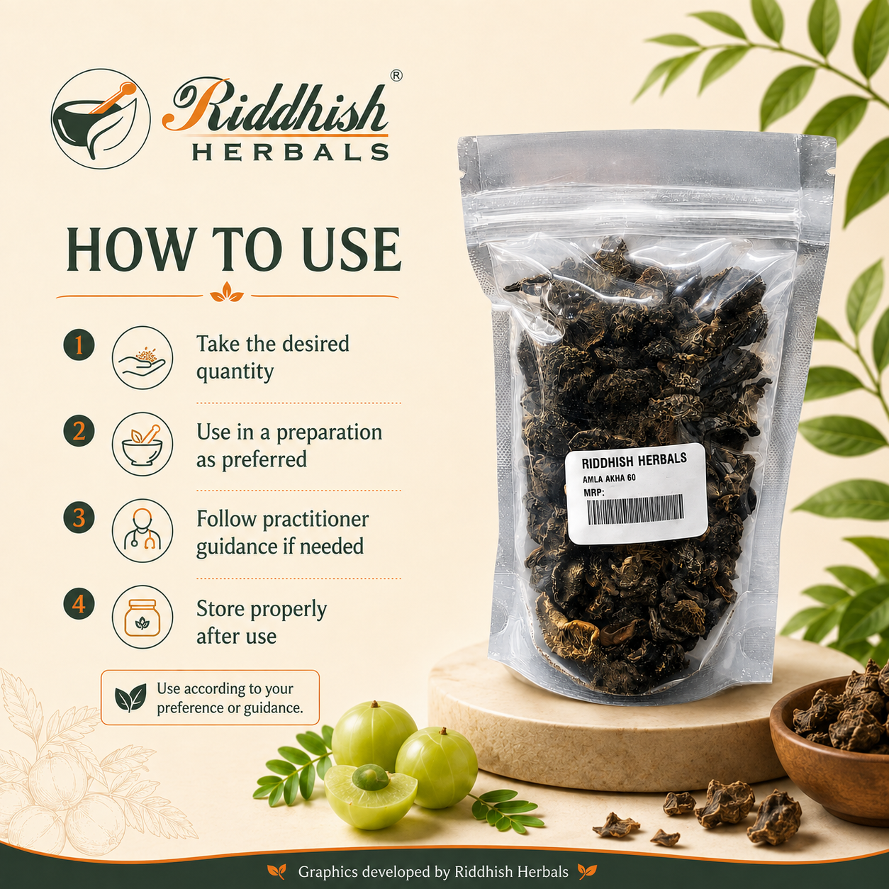 Amla Akha how to use infographic with desired quantity preparation guidance practitioner guidance and proper storage after use