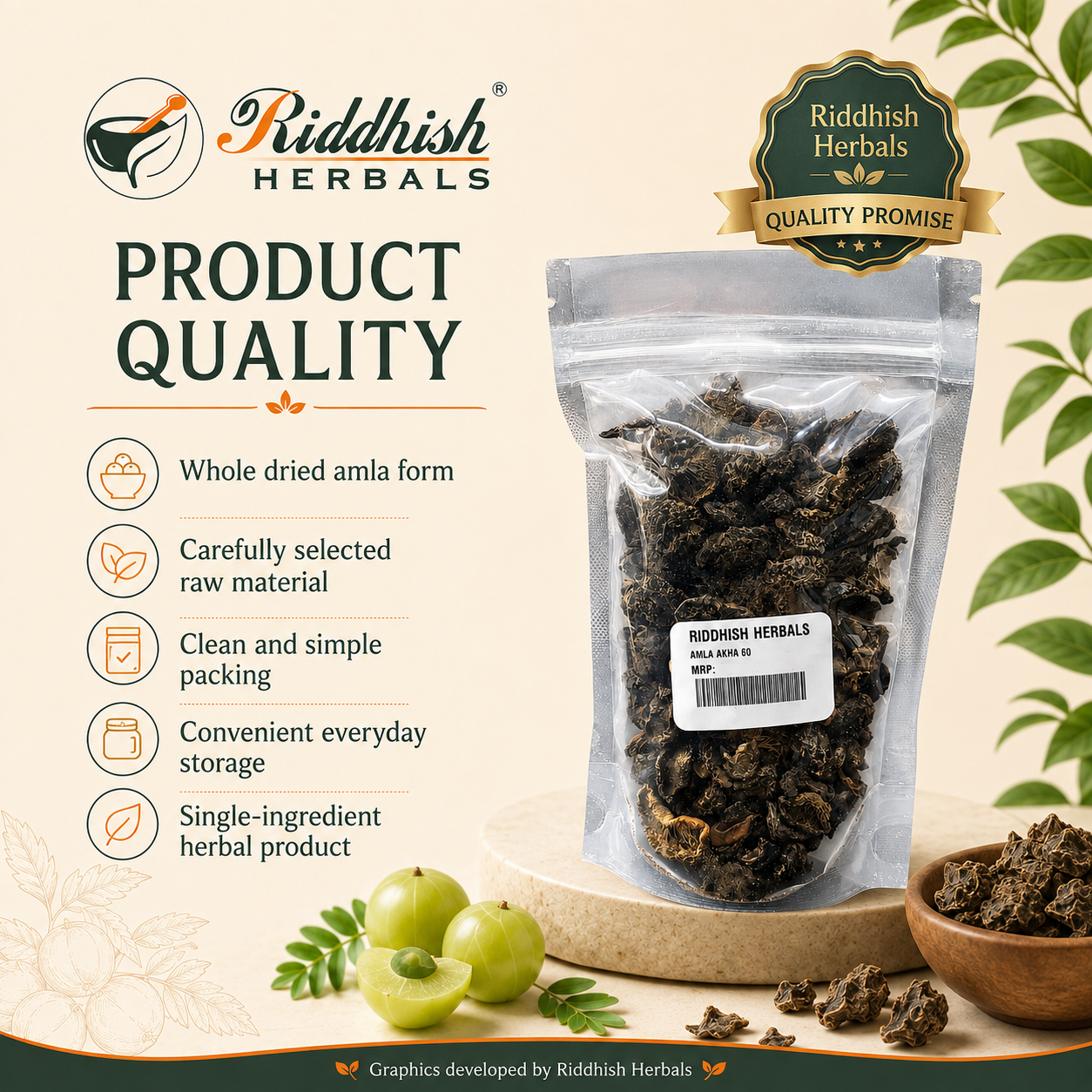 Amla Akha product quality infographic with whole dried amla form carefully selected raw material clean simple packing and single ingredient herbal product