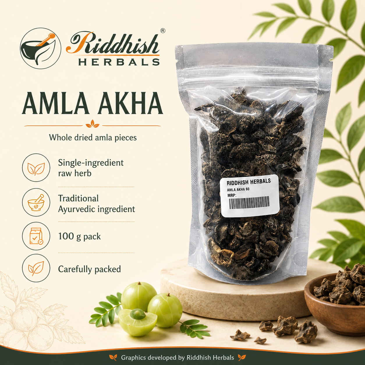 Riddhish Herbals Amla Akha hero infographic with whole dried amla pieces single ingredient raw herb and 100 g pack