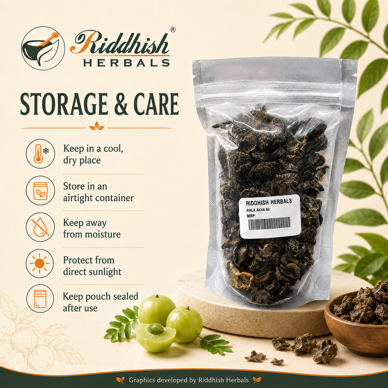 Amla Akha storage and care infographic with cool dry place airtight container moisture protection sunlight protection and sealed pouch guidance