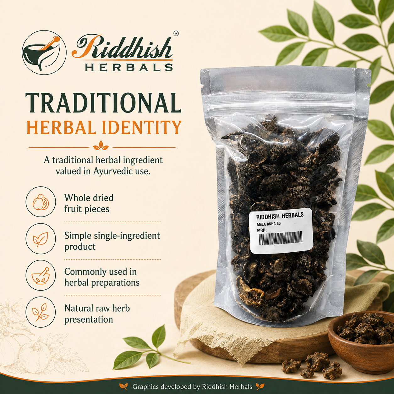 Amla Akha traditional herbal identity infographic with whole dried fruit pieces single ingredient product and herbal preparation context