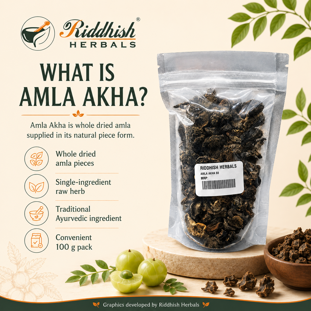 What is Amla Akha infographic showing whole dried amla pieces as natural raw herb and traditional Ayurvedic ingredient