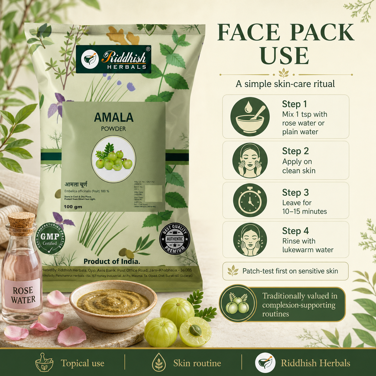Amla Powder face pack use routine with rose water by Riddhish Herbals
