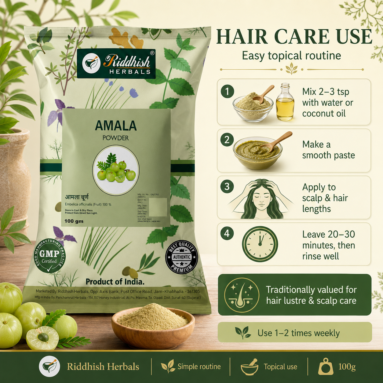 Amla Powder hair care use routine with Amalaki Churna by Riddhish Herbals