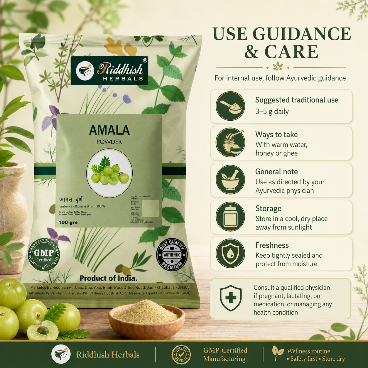 Amla Powder use guidance and storage care information by Riddhish Herbals