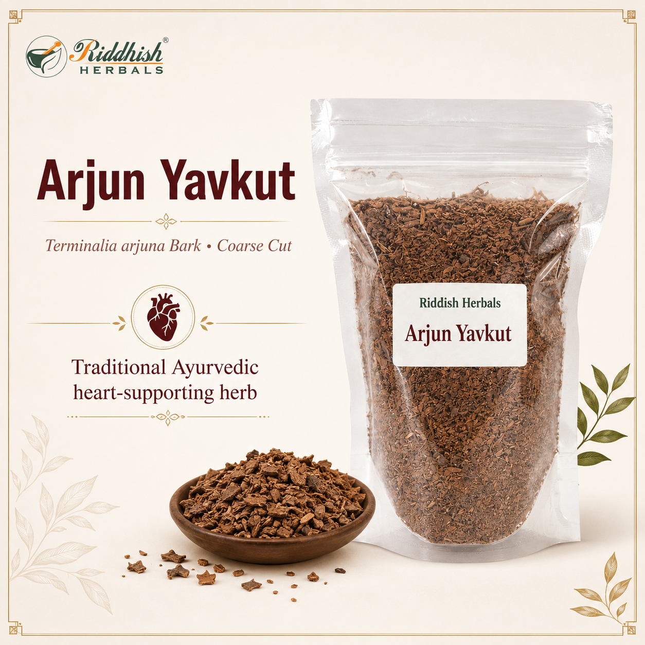 Arjun Yavkut Terminalia arjuna bark coarse cut traditional Ayurvedic heart-supporting herb infographic
