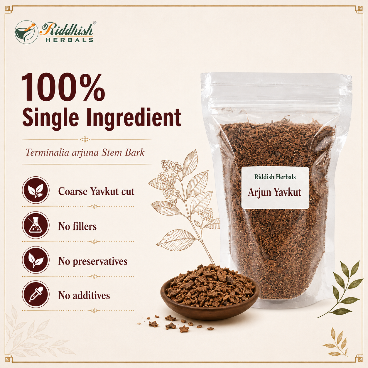 Arjun Yavkut 100 percent single ingredient Terminalia arjuna stem bark no fillers no preservatives infographic