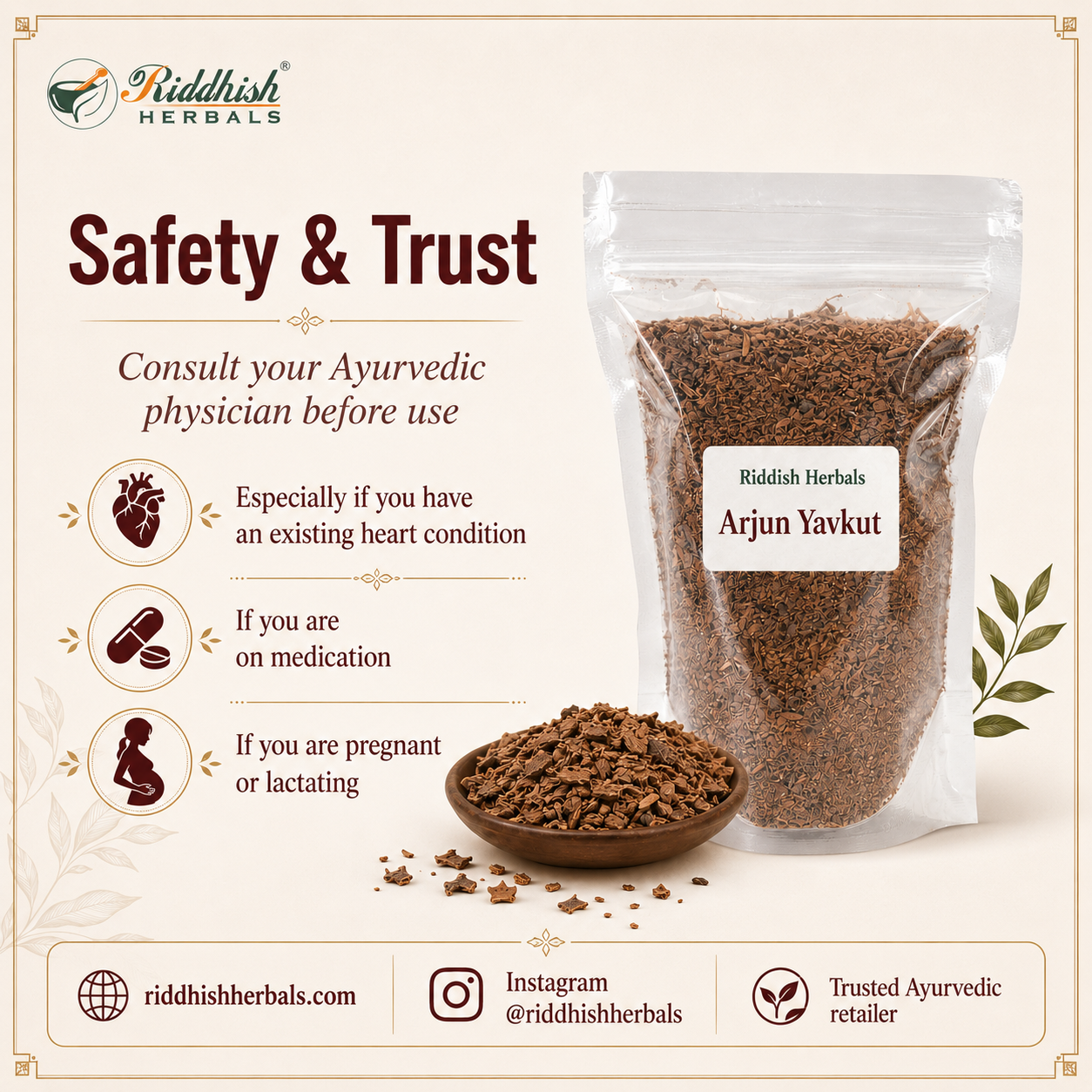 Arjun Yavkut safety and trust consult Ayurvedic physician before use Riddhish Herbals infographic