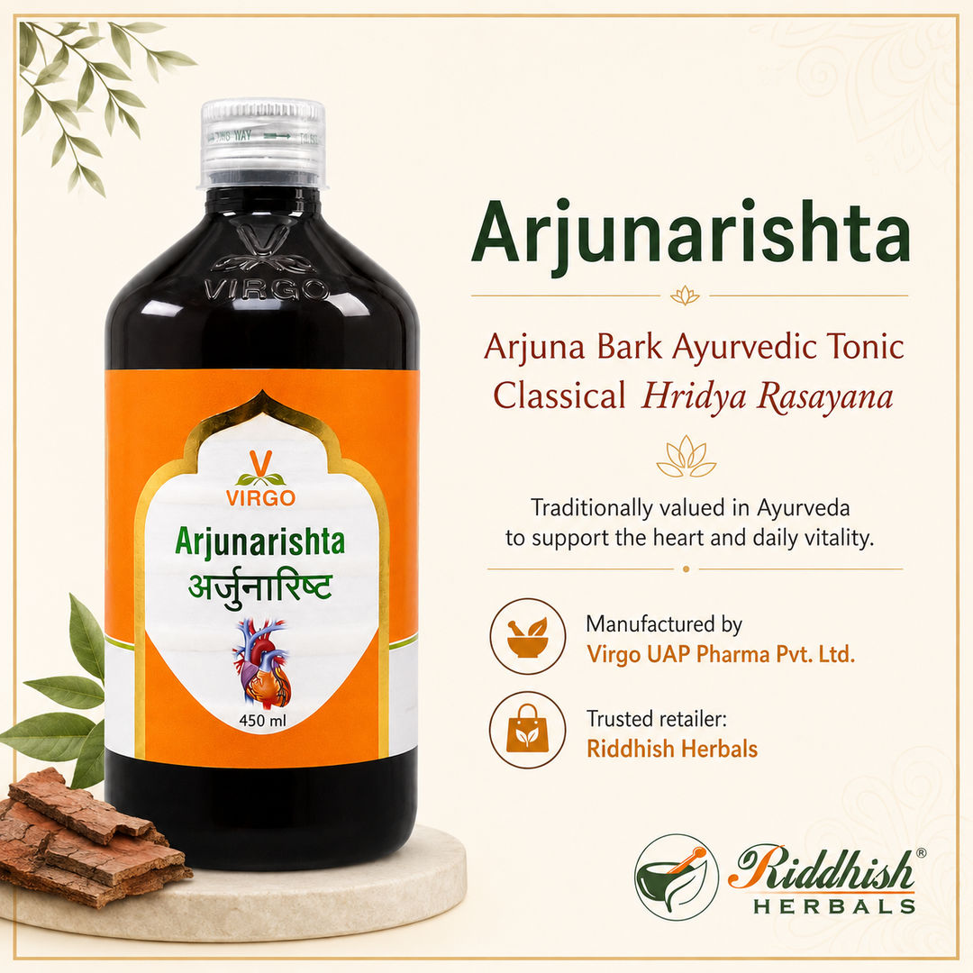 Arjunarishta classical Hridya Rasayana Virgo UAP Pharma hero infographic by Riddhish Herbals