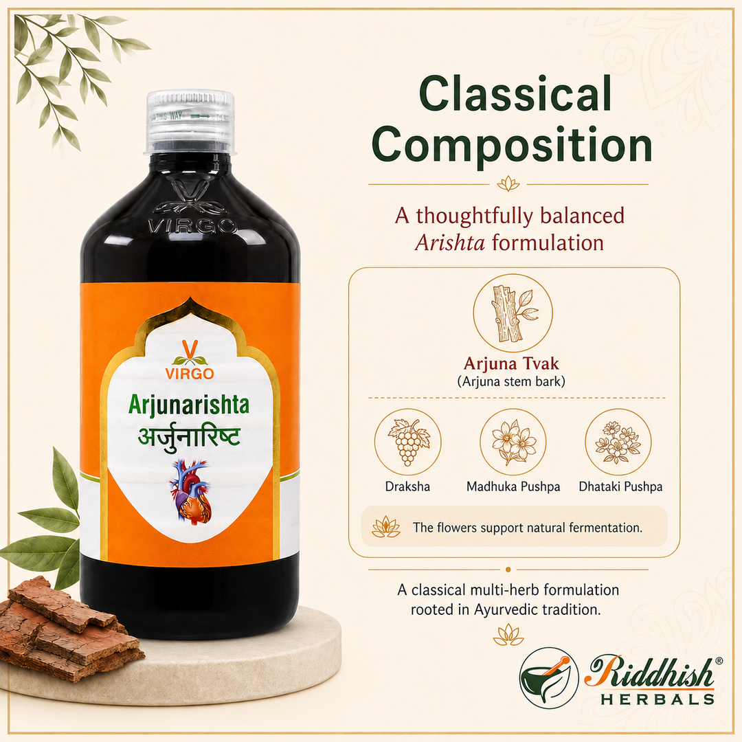 Arjunarishta classical composition with Arjuna Tvak Draksha Madhuka Pushpa Dhataki Pushpa infographic