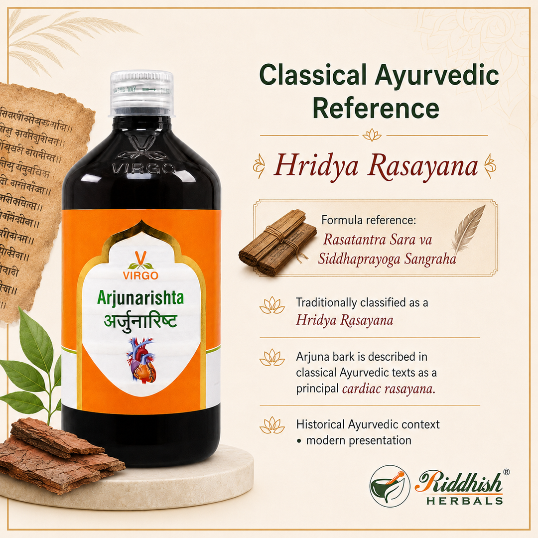 Arjunarishta classical Ayurvedic reference Hridya Rasayana Rasatantra Sara va Siddhaprayoga Sangraha infographic