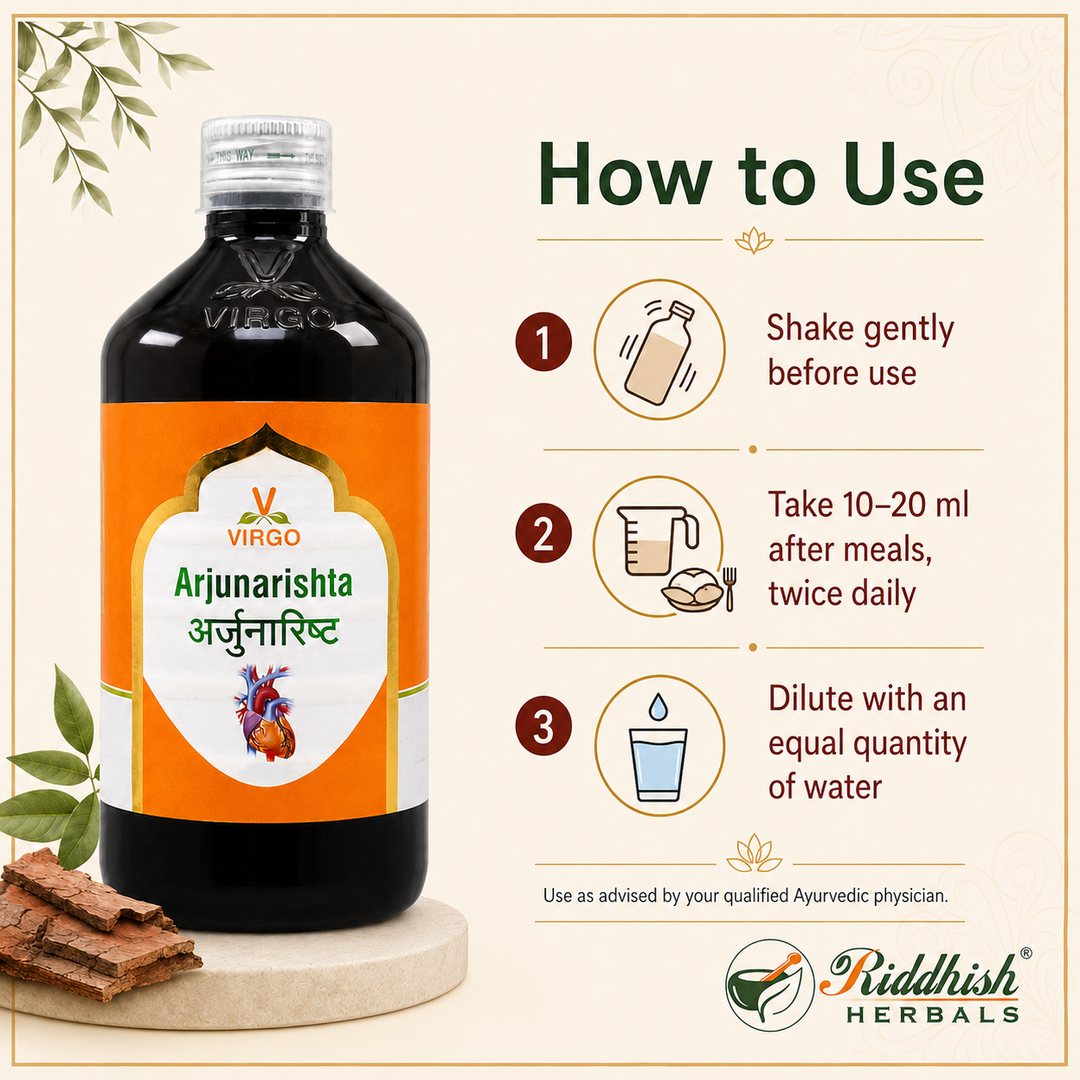 Arjunarishta how to use shake gently take 10 to 20 ml after meals dilute with water infographic