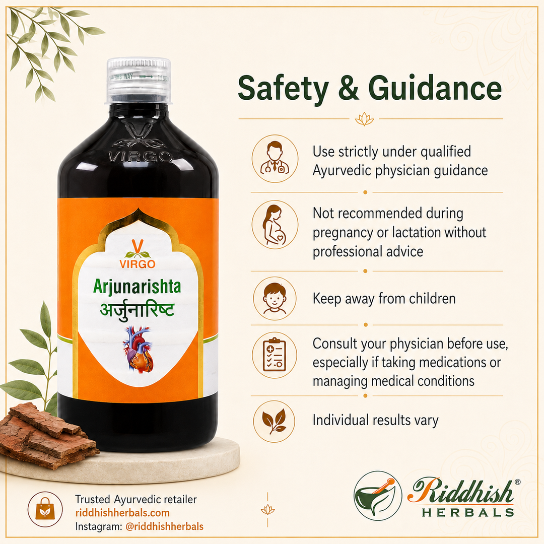 Arjunarishta safety guidance physician consultation trusted Ayurvedic retailer Riddhish Herbals infographic
