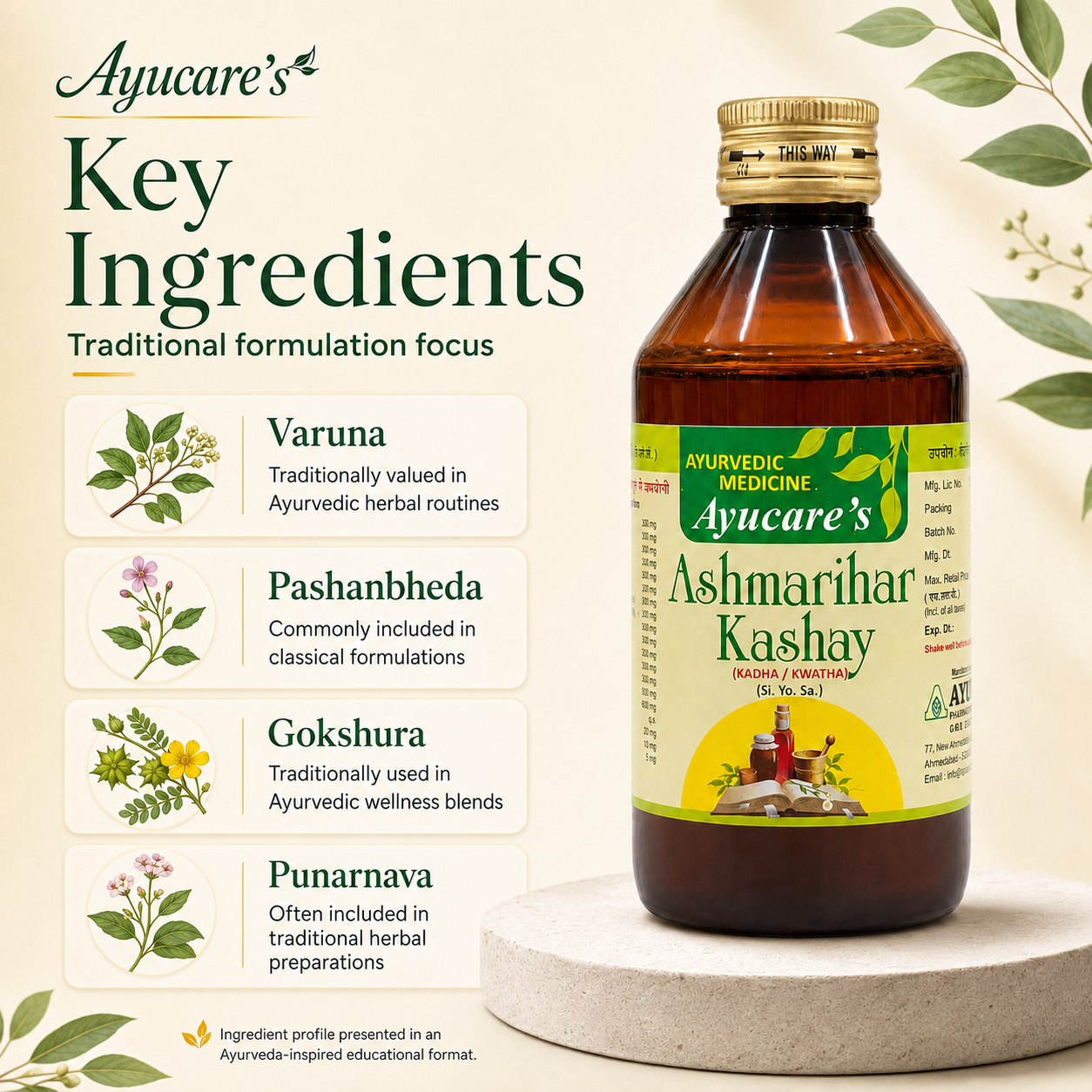 Ashmarihar Kashay 200ml key ingredients infographic with Varuna Pashanbheda Gokshura Punarnava