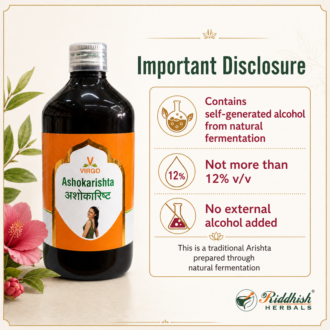Ashokarishta self generated alcohol natural fermentation not more than 12 percent v/v disclosure infographic