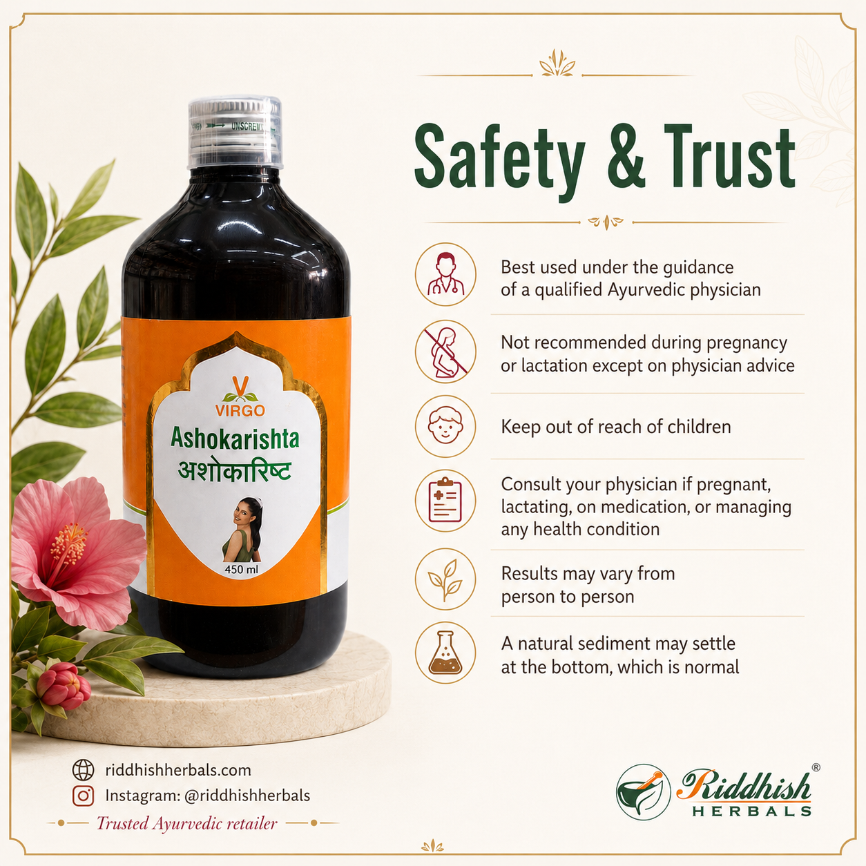 Ashokarishta safety trust physician consultation trusted Ayurvedic retailer Riddhish Herbals infographic