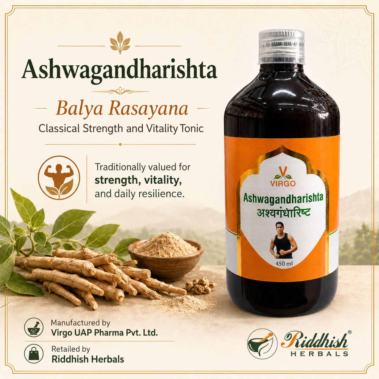 Ashwagandharishta Balya Rasayana classical strength and vitality tonic hero infographic by Riddhish Herbals