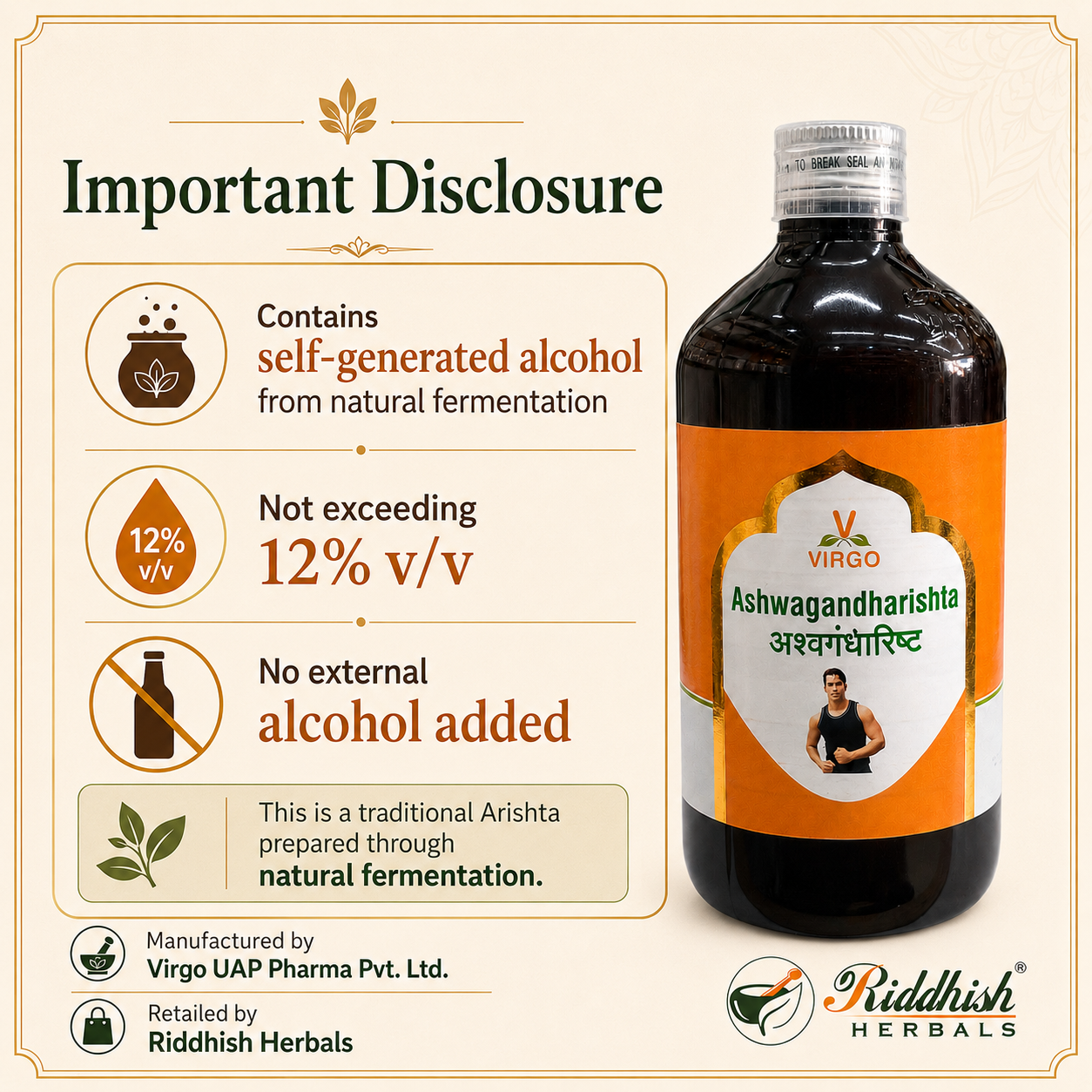 Ashwagandharishta self generated alcohol natural fermentation not exceeding 12 percent v/v disclosure infographic