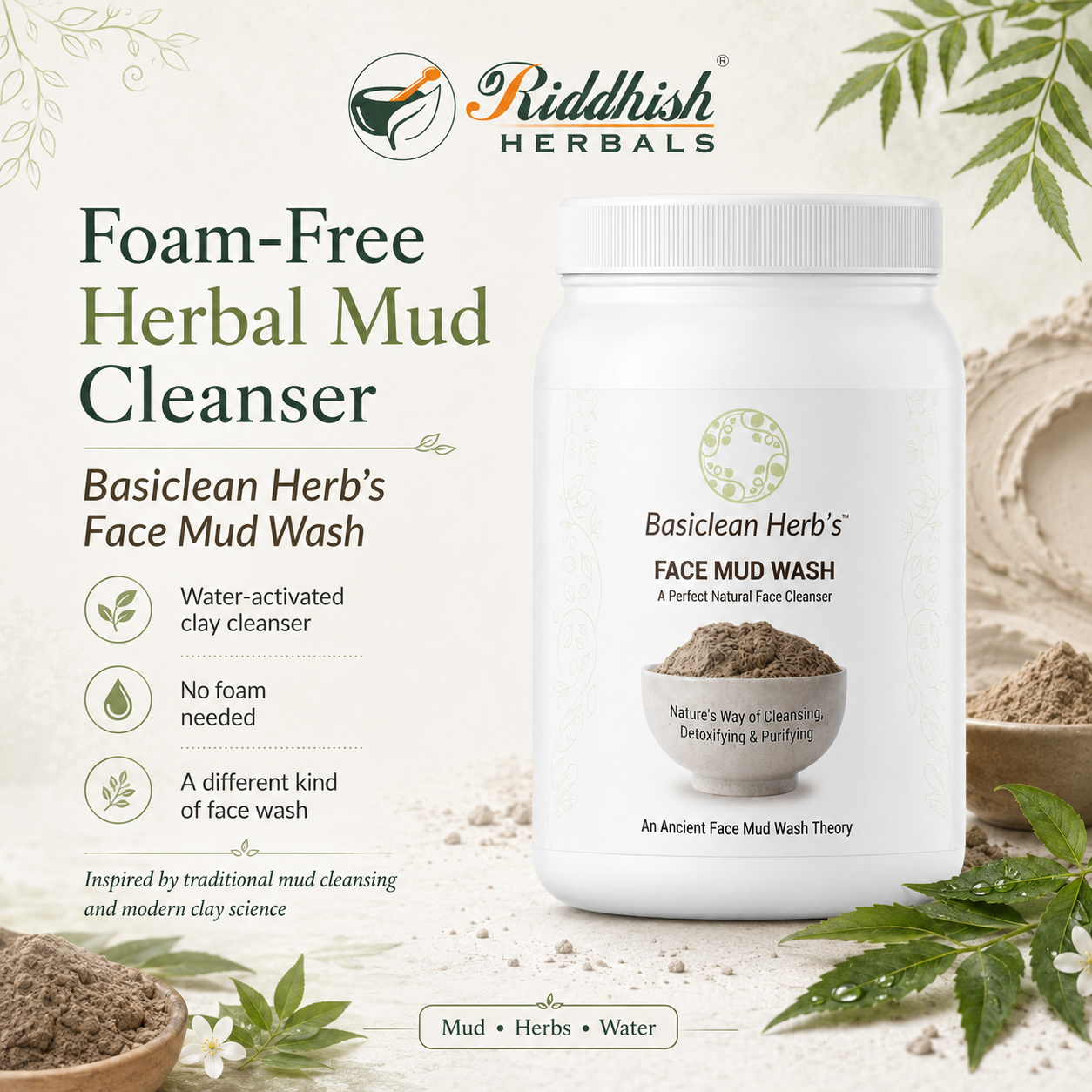 Basiclean Herb's Face Mud Wash foam-free herbal mud cleanser infographic