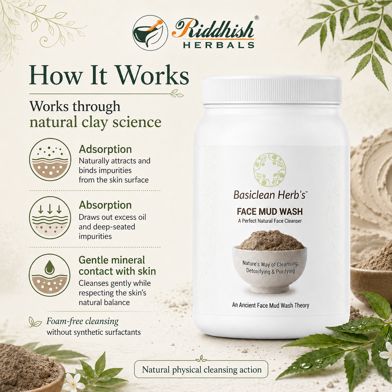 Basiclean Herb's Face Mud Wash natural clay science infographic