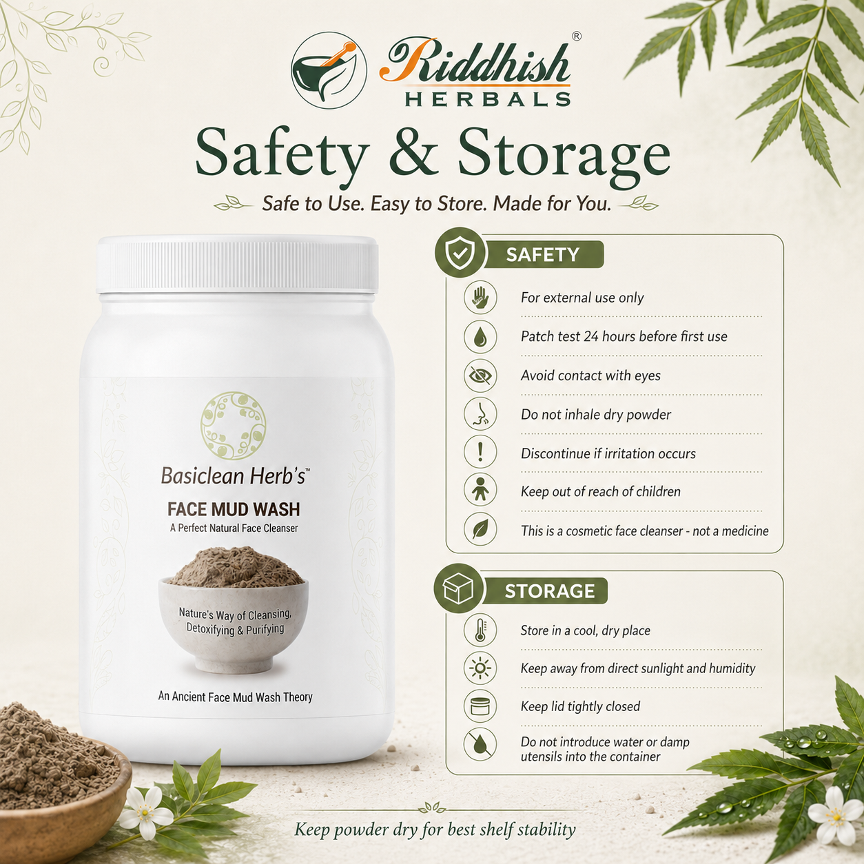 Basiclean Herb's Face Mud Wash safety and storage infographic