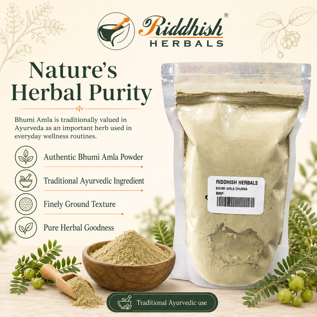 Bhumi Amla Churna herbal purity traditional Ayurvedic use infographic