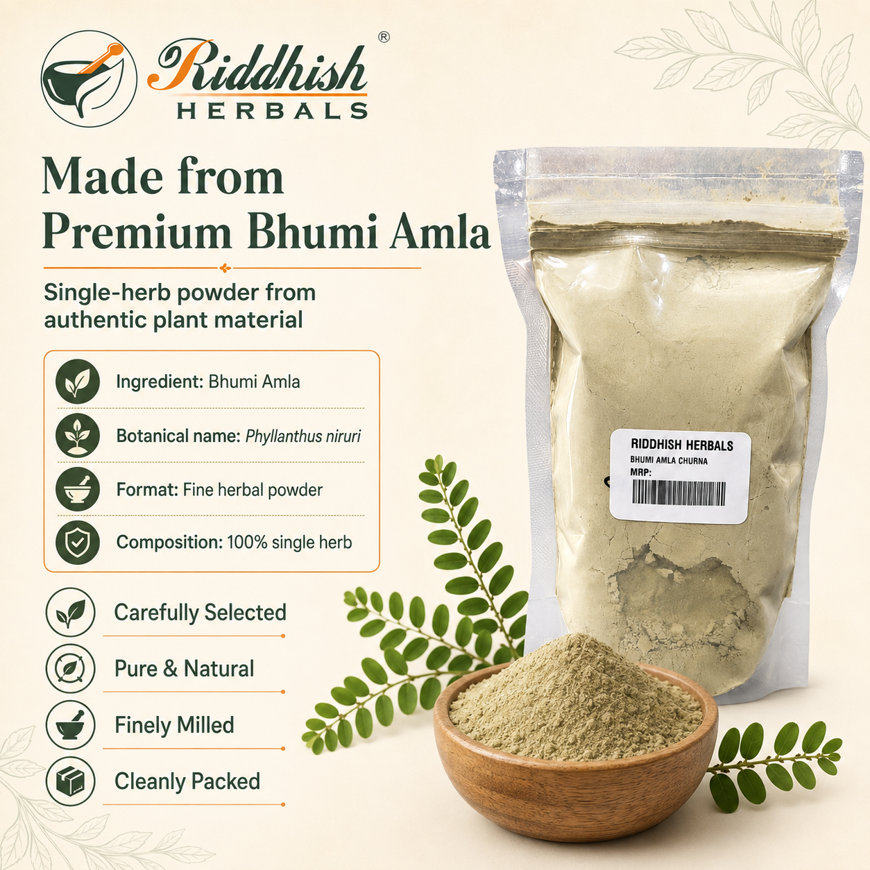 Bhumi Amla Churna premium single herb powder infographic