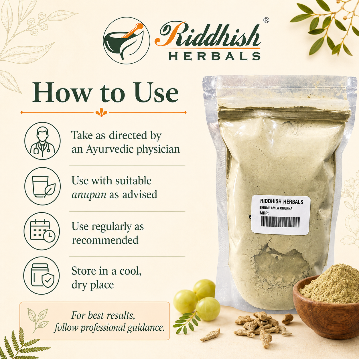 Riddhish Herbals Bhumi Amla Churna how to use infographic