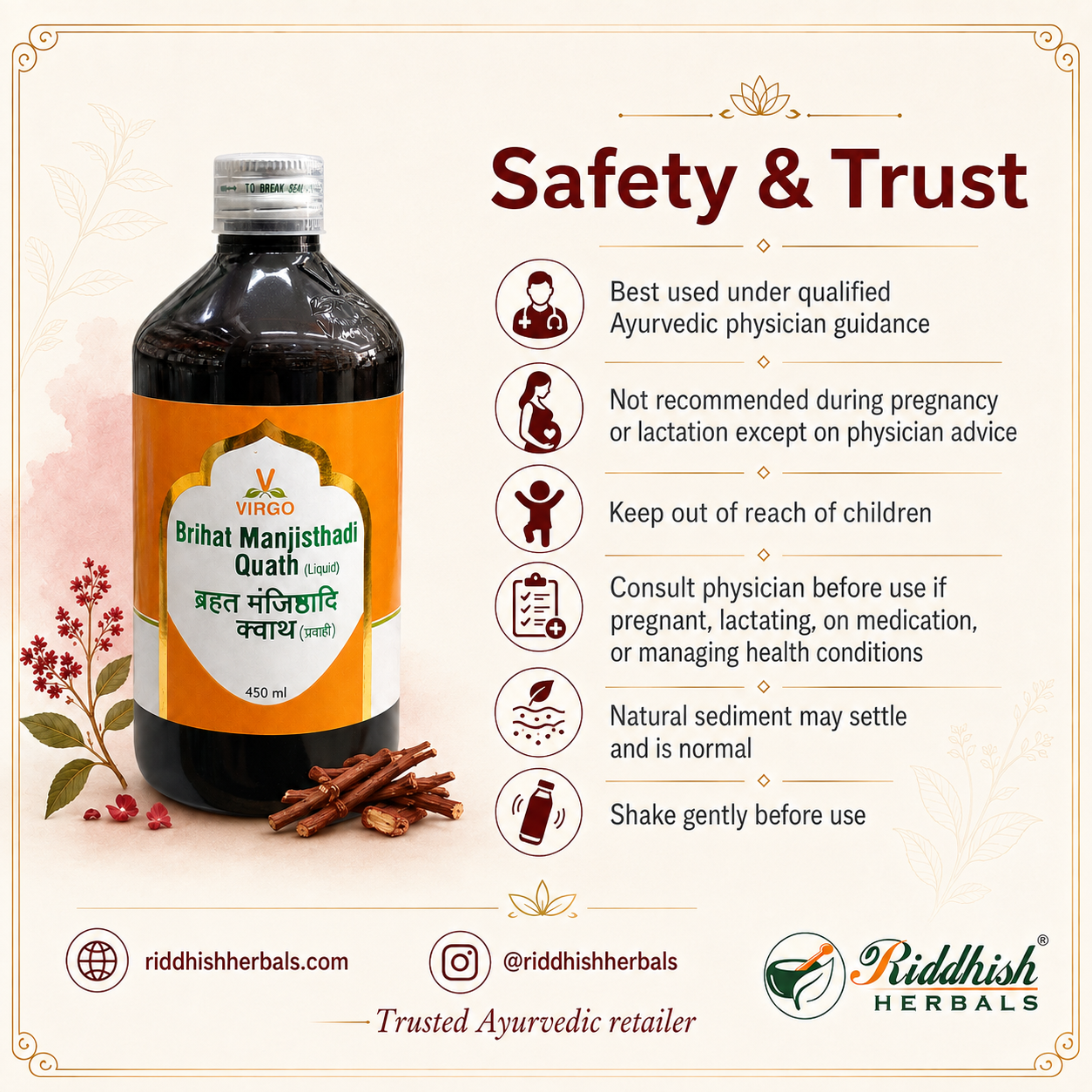 Brihat Manjisthadi Quath safety trust physician consultation trusted Ayurvedic retailer Riddhish Herbals infographic
