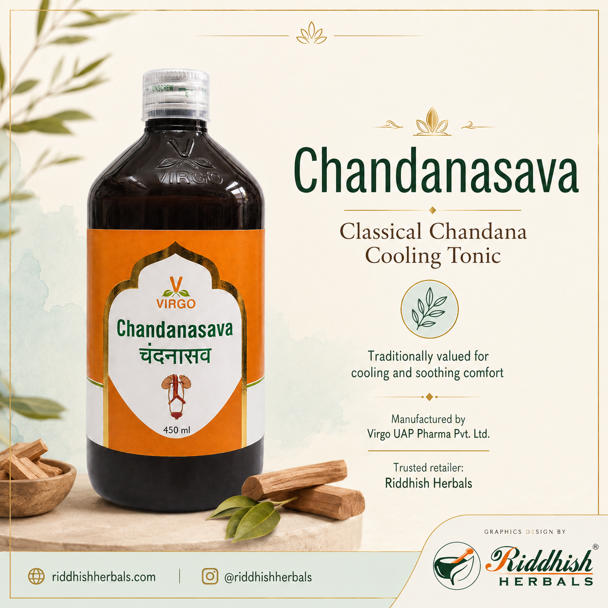 Chandanasava Virgo classical Chandana cooling tonic infographic by Riddhish Herbals