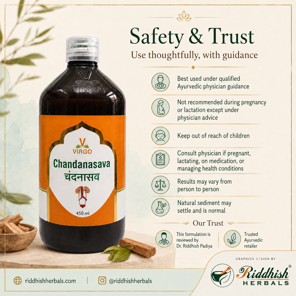 Chandanasava Virgo safety and trust physician guidance infographic by Riddhish Herbals