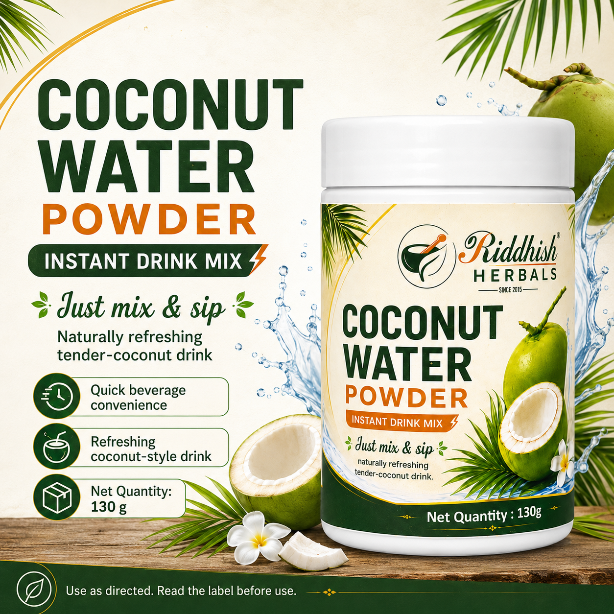 Riddhish Herbals Coconut Water Powder 130 g instant drink mix hero infographic