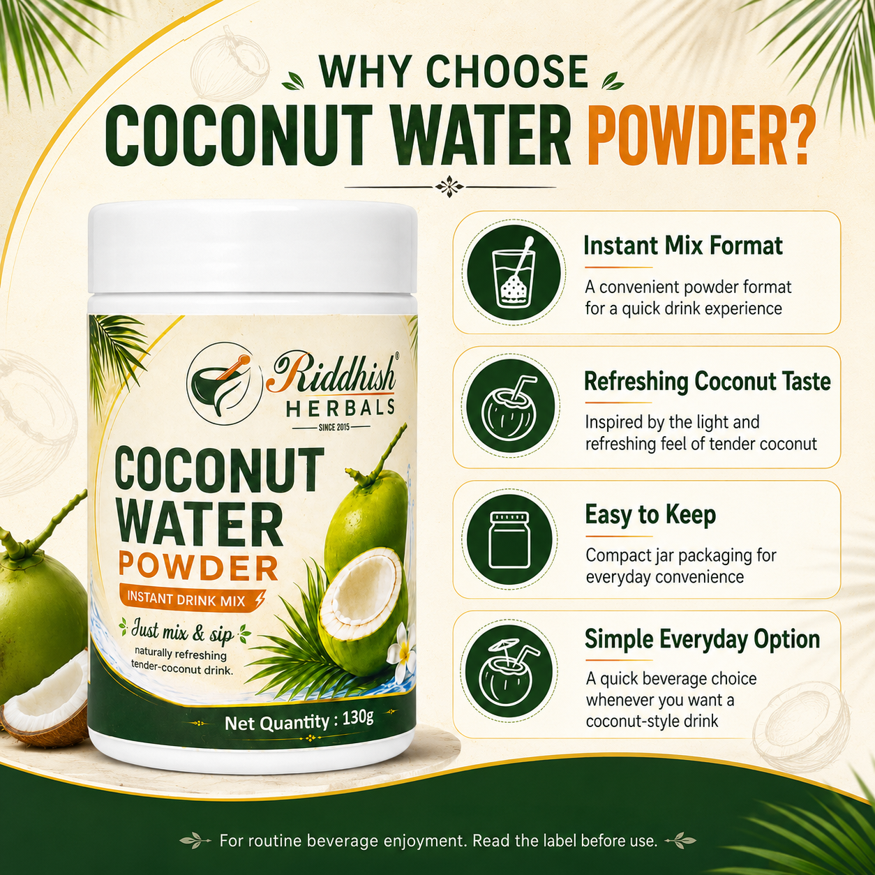 Riddhish Herbals Coconut Water Powder why choose instant mix infographic
