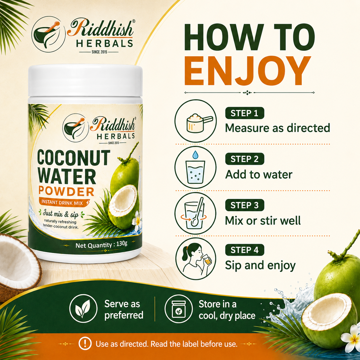 Riddhish Herbals Coconut Water Powder preparation and how to enjoy infographic