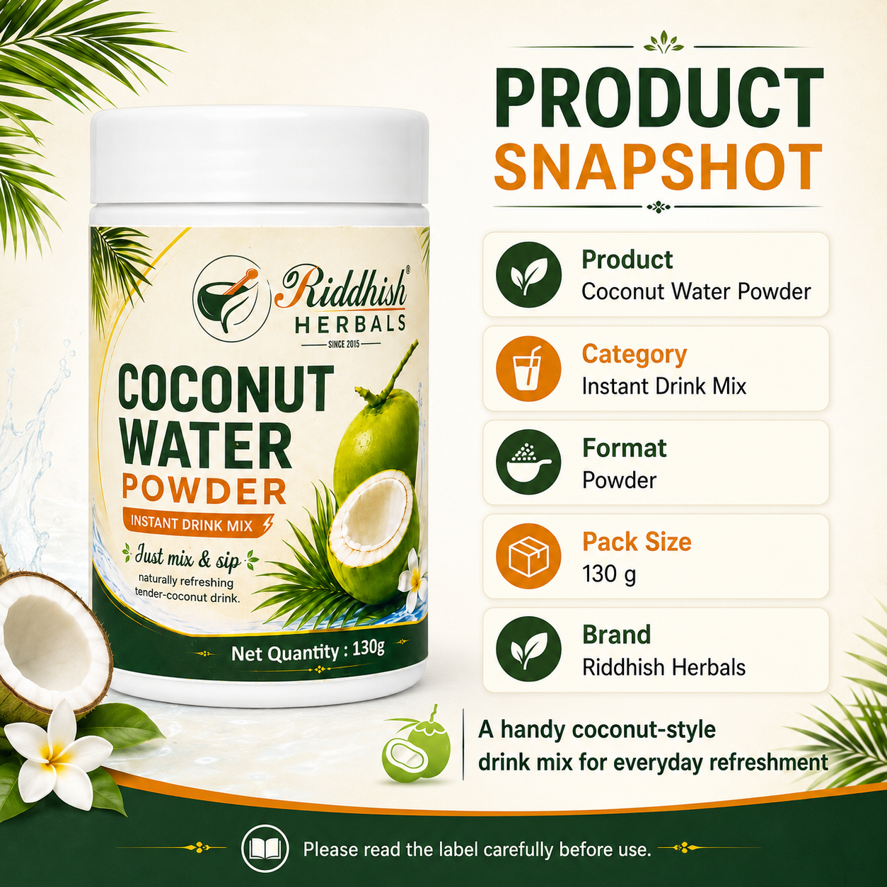 Riddhish Herbals Coconut Water Powder 130 g product snapshot infographic