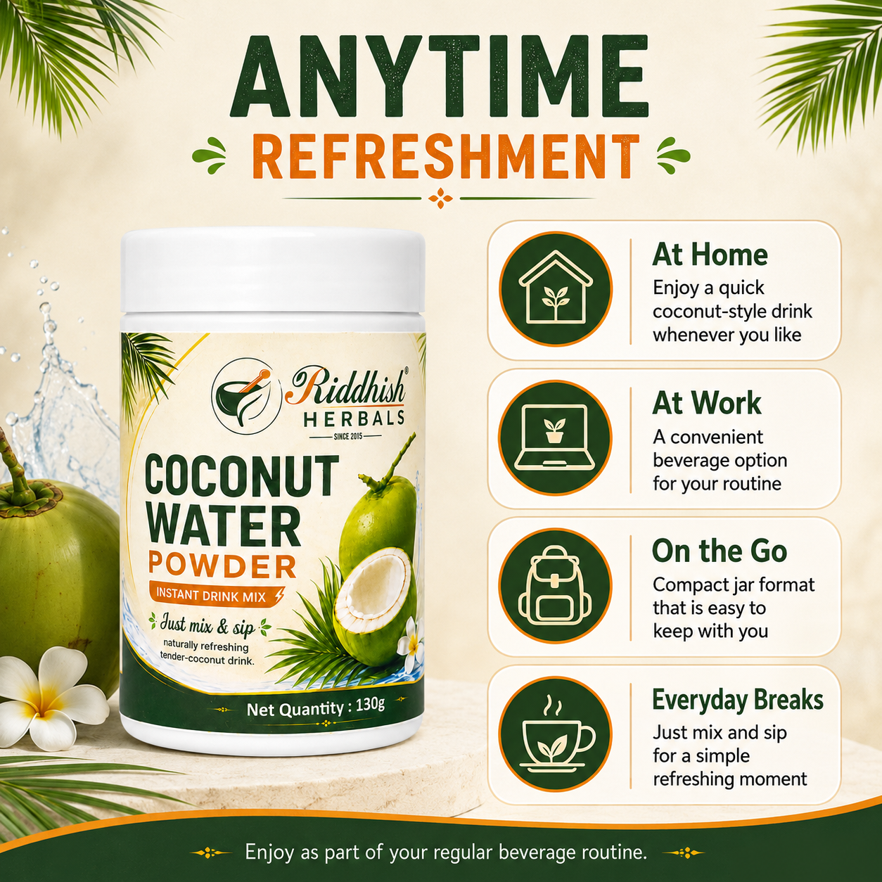 Riddhish Herbals Coconut Water Powder anytime refreshment infographic