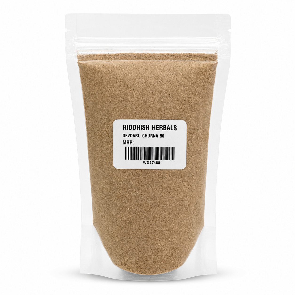 Devdaru Churna 50 front pouch mockup with MRP value removed - Riddhish Herbals