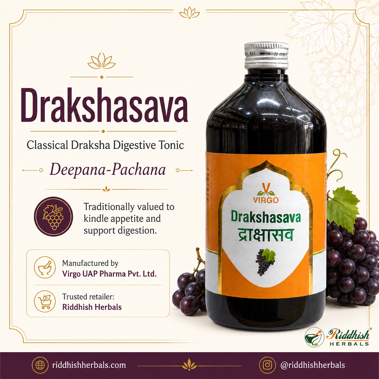 Drakshasava Virgo classical Draksha digestive tonic infographic by Riddhish Herbals