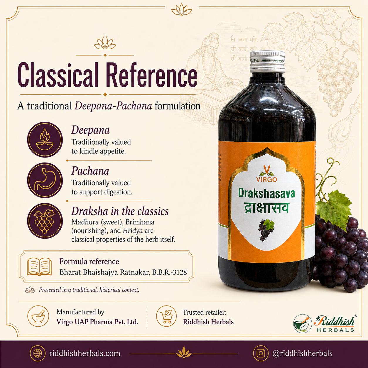 Drakshasava Virgo classical reference Deepana Pachana BBR 3128 infographic