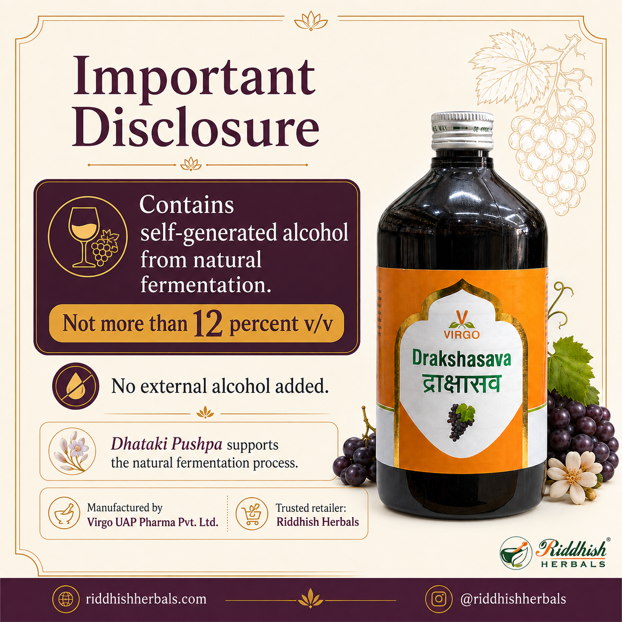 Drakshasava Virgo self generated alcohol natural fermentation disclosure infographic