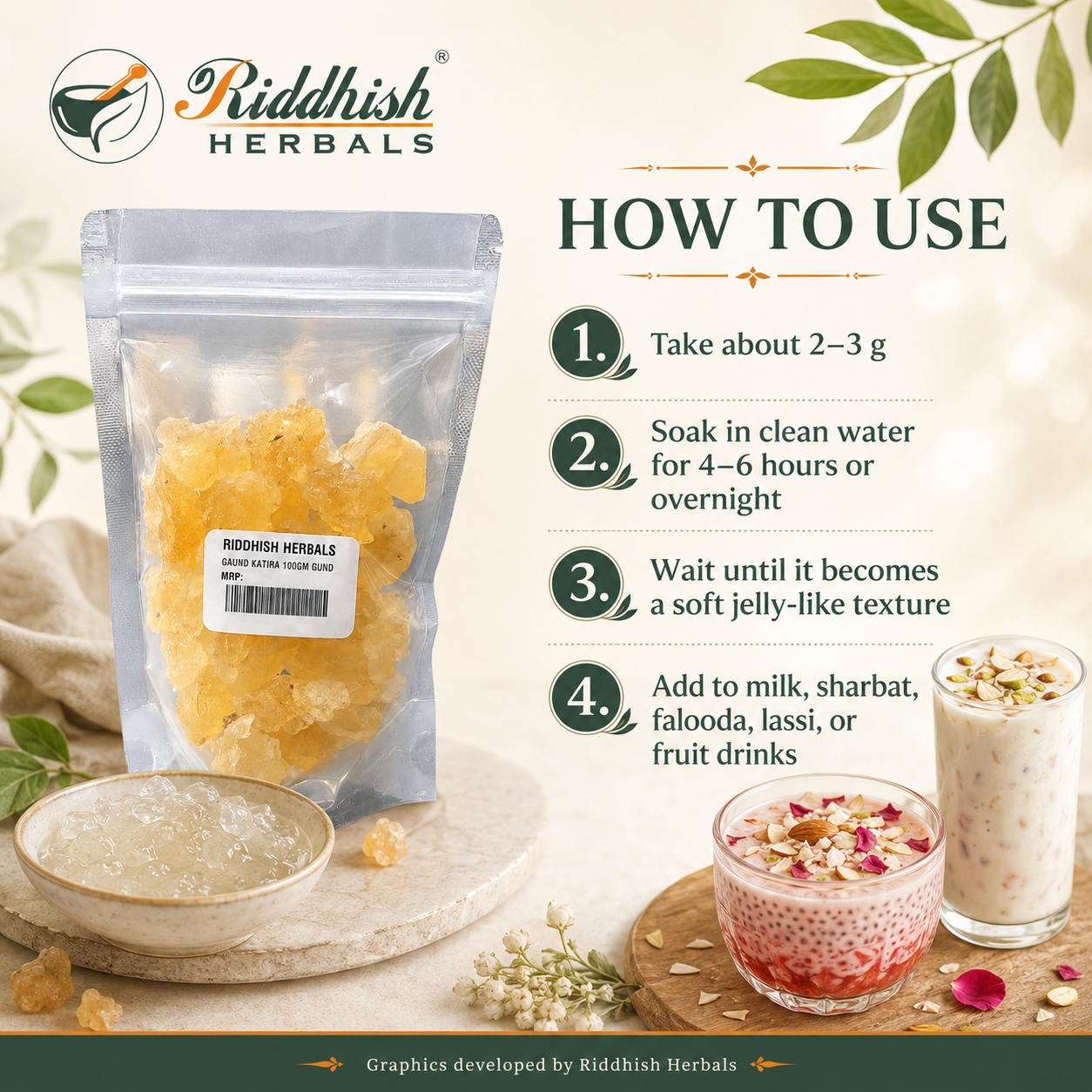 How to use Gond Katira infographic showing soaking 2 to 3 g for 4 to 6 hours or overnight before adding to drinks