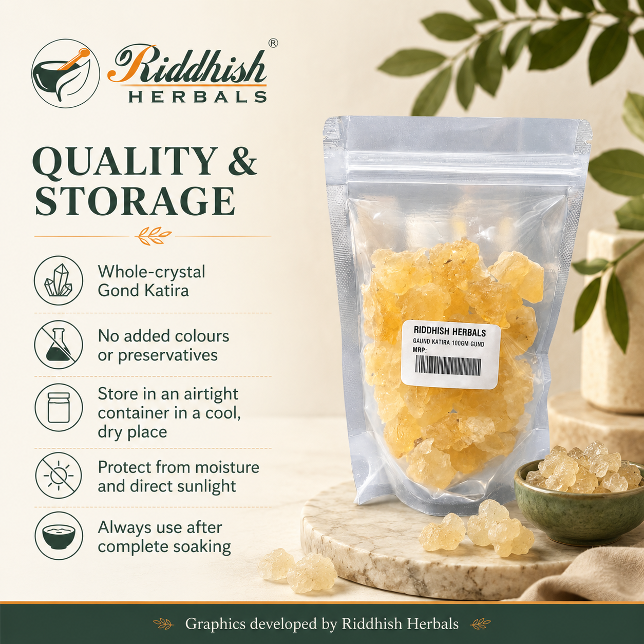 Gond Katira quality and storage infographic with whole crystal form no added colours or preservatives and airtight cool dry storage guidance