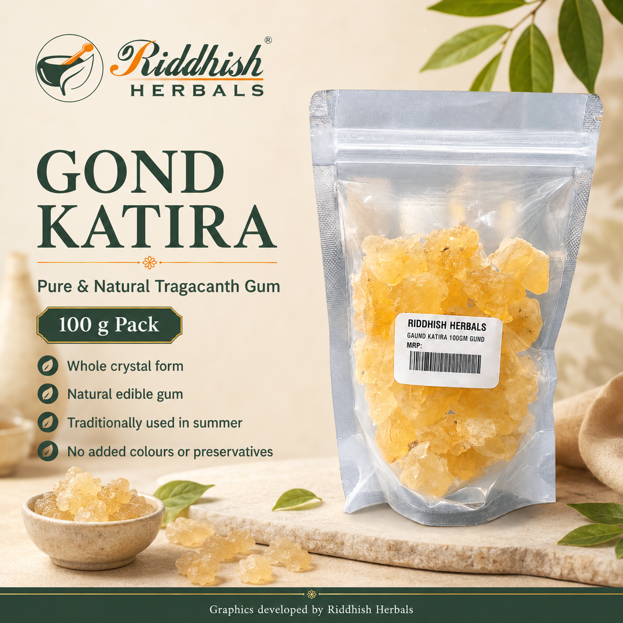 Riddhish Herbals Gond Katira Tragacanth Gum 100 g hero infographic with whole crystal natural edible gum details