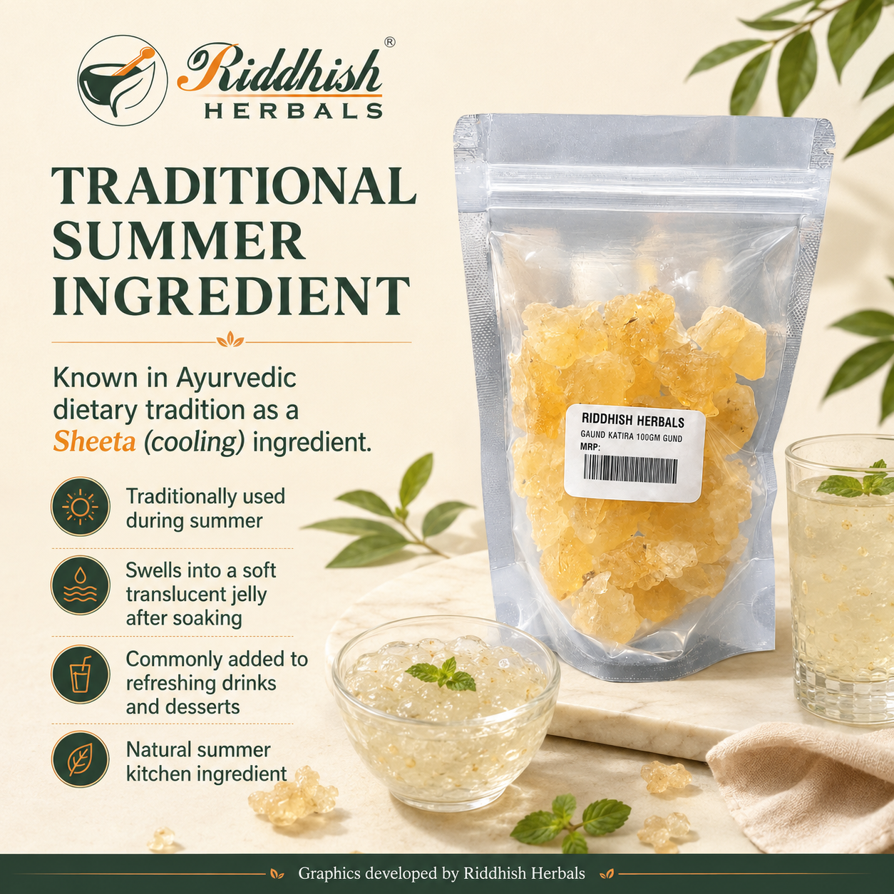 Gond Katira traditional summer ingredient infographic with Sheeta cooling Ayurvedic dietary tradition information
