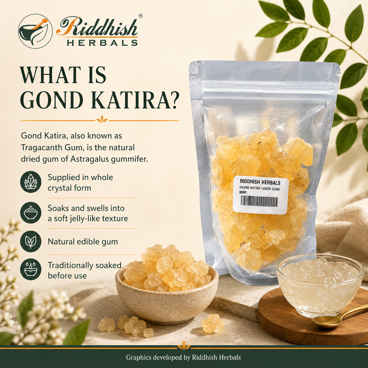 What is Gond Katira infographic explaining Tragacanth Gum as natural dried gum of Astragalus gummifer