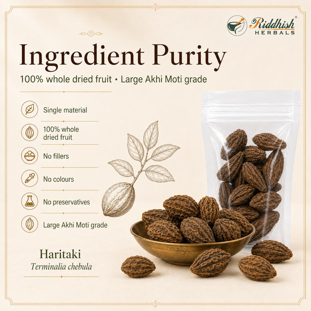 Harde Akhi Moti ingredient purity 100 percent whole dried Haritaki fruit no fillers no colours no preservatives infographic