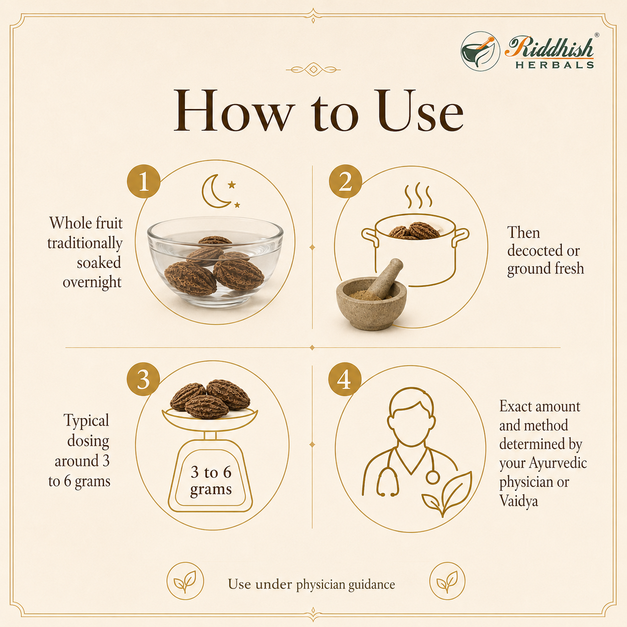 Harde Akhi Moti how to use soaked overnight decocted or ground fresh 3 to 6 grams under Ayurvedic physician guidance infographic