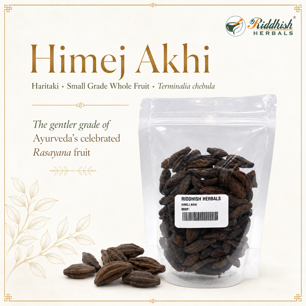 Himej Akhi Haritaki Terminalia chebula small grade whole fruit Rasayana fruit infographic