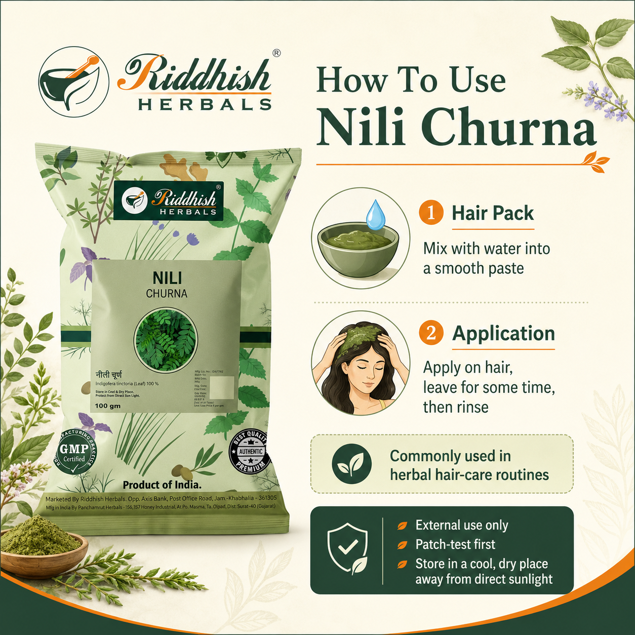 How to use Nili Churna as a herbal hair pack by Riddhish Herbals